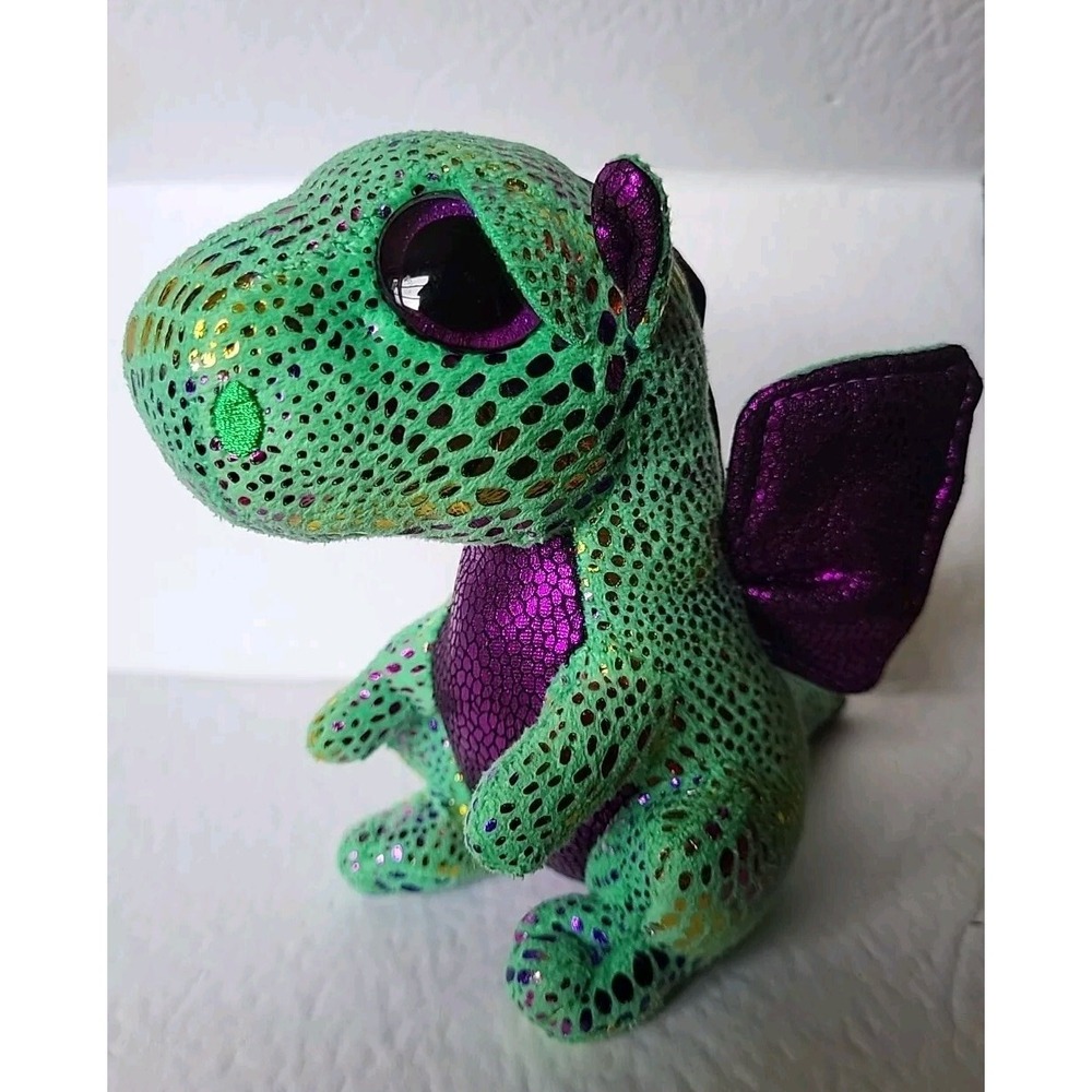 Ty Beanie Boos Cinder‎ Green Purple Dragon Bean Bag Plush 6" Tall Toy